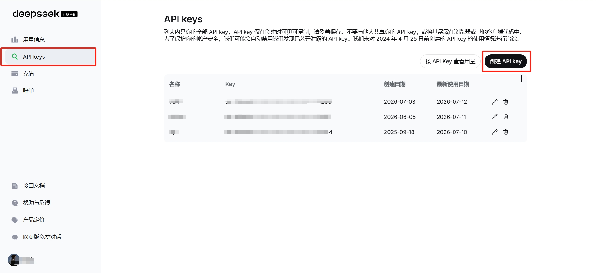 DeepSeek 控制台 API Keys 页面位置